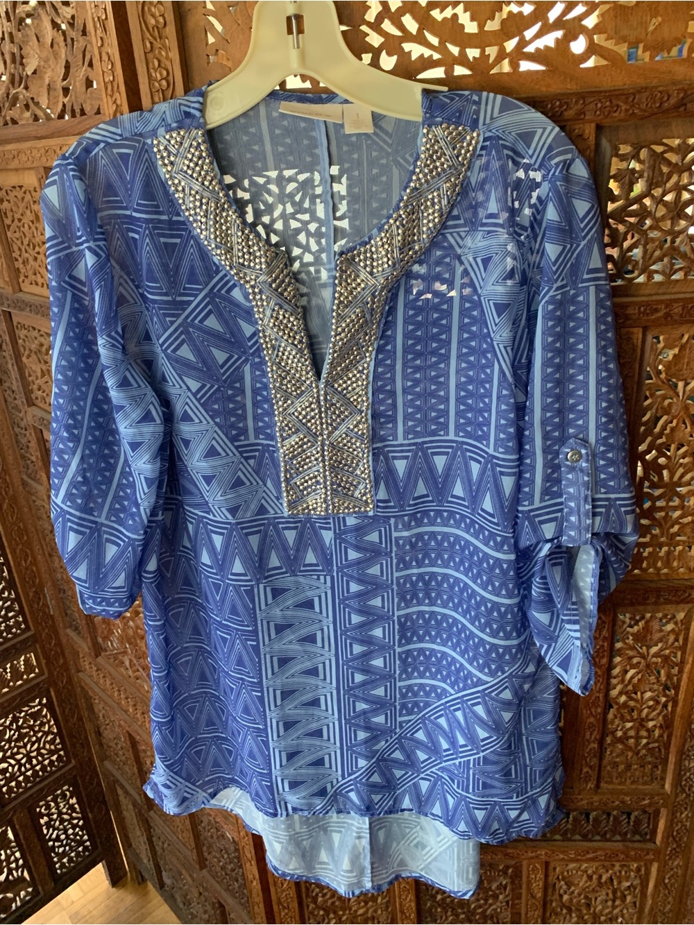 Chico's Blue Embellished V-Neck Tunic
